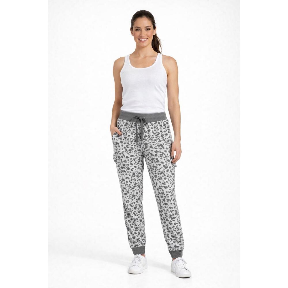Marika Leopard Print Cargo Jogger Sweatpants Gray Black Drawstring Size L
